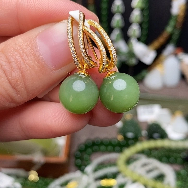 和田玉银S925镶嵌耳饰