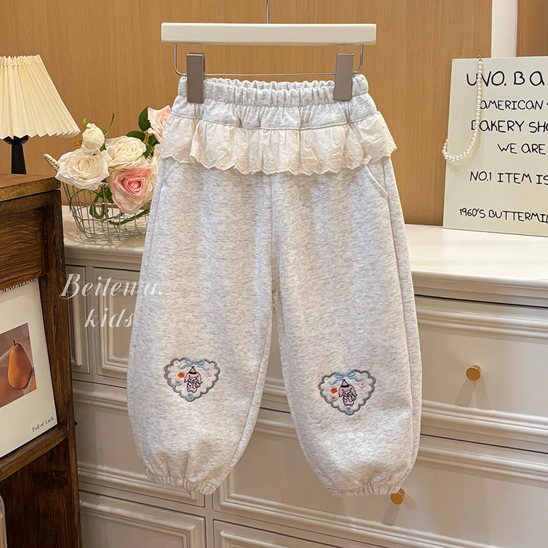 女童秋季新款休闲裤运动裤女宝宝洋气时尚花边P帘束脚裤卫裤长裤
