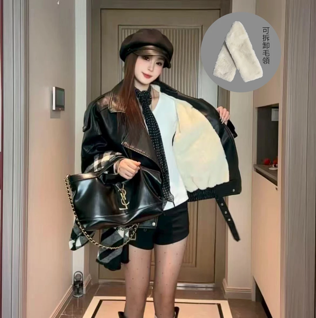 皮衣女冬季时尚复古百搭拼接毛领（可拆卸）加绒机车服外套8892