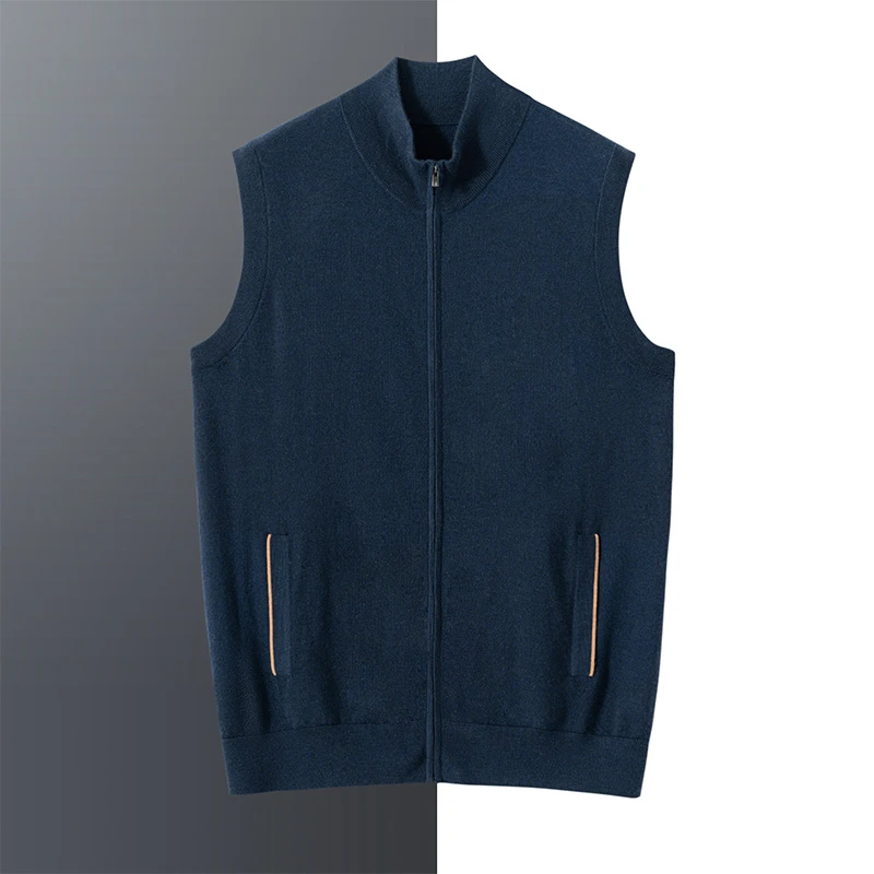 【不议价】男士精纺纯山羊绒16针半高领高端系列带兜拉链马甲开衫