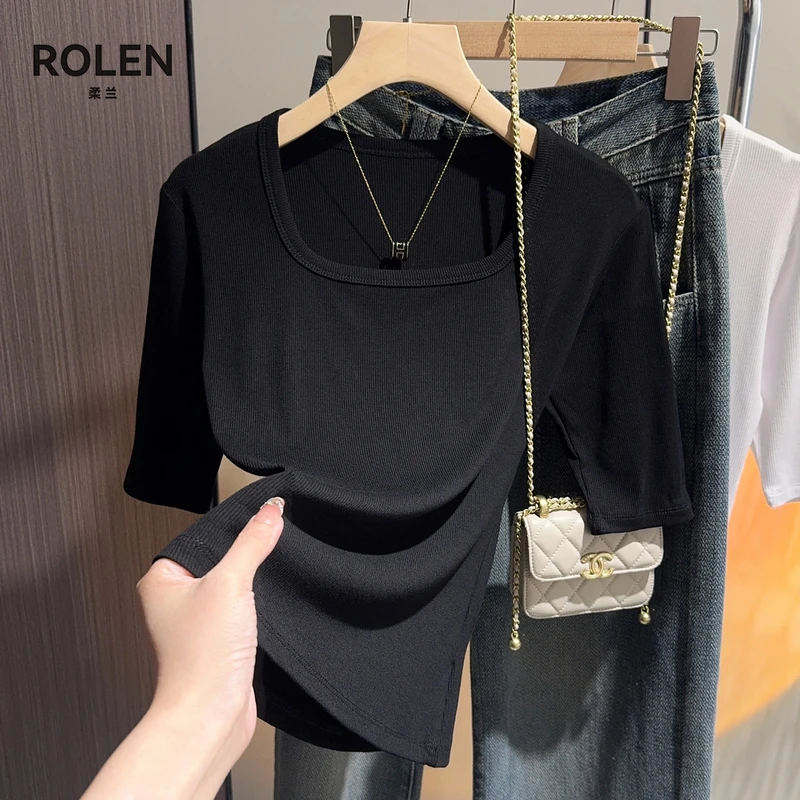ROLEN黑色螺纹方领中袖欧若风打底衫女内搭修身T恤显瘦打底五分袖