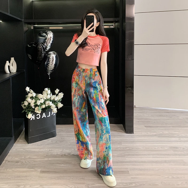 美式潮牌时尚休闲套装女夏季2025新款拼色短袖T恤扎染牛仔裤两件