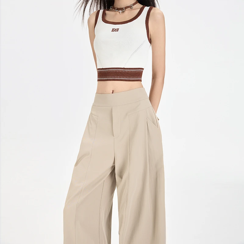 压褶口袋休闲裤女通勤高级感时尚宽松垂感西装阔腿拖地裤