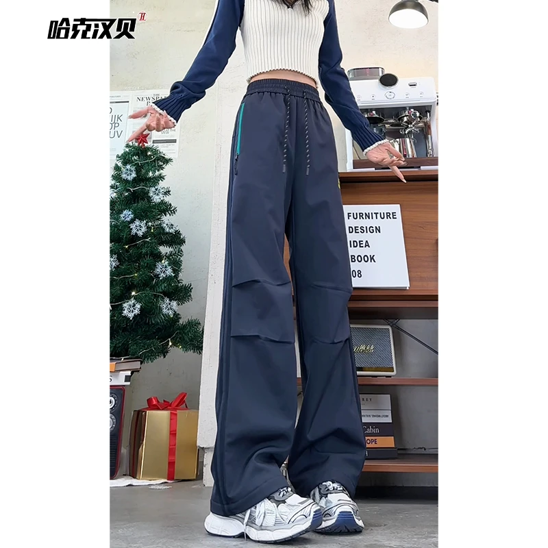 美式侧边条纹冲锋裤男女款秋季潮牌褶皱设计宽松显瘦直筒休闲长裤