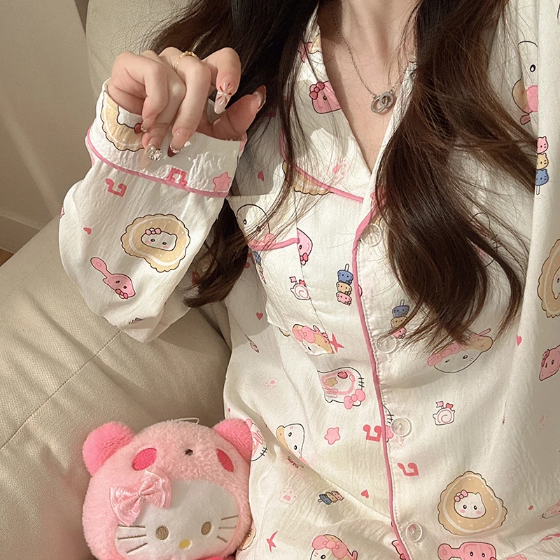 日系云朵棉睡衣女款春秋季可爱泳池kitty卡通长袖长裤家居服套装