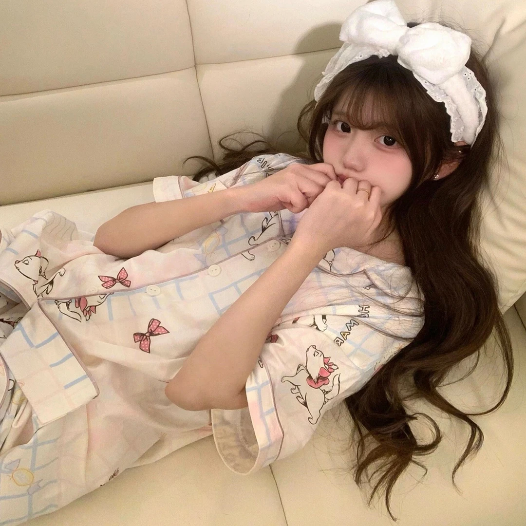 少女可爱卡通玛丽猫睡衣女夏季2025年新款大码短袖短裤家居服套装