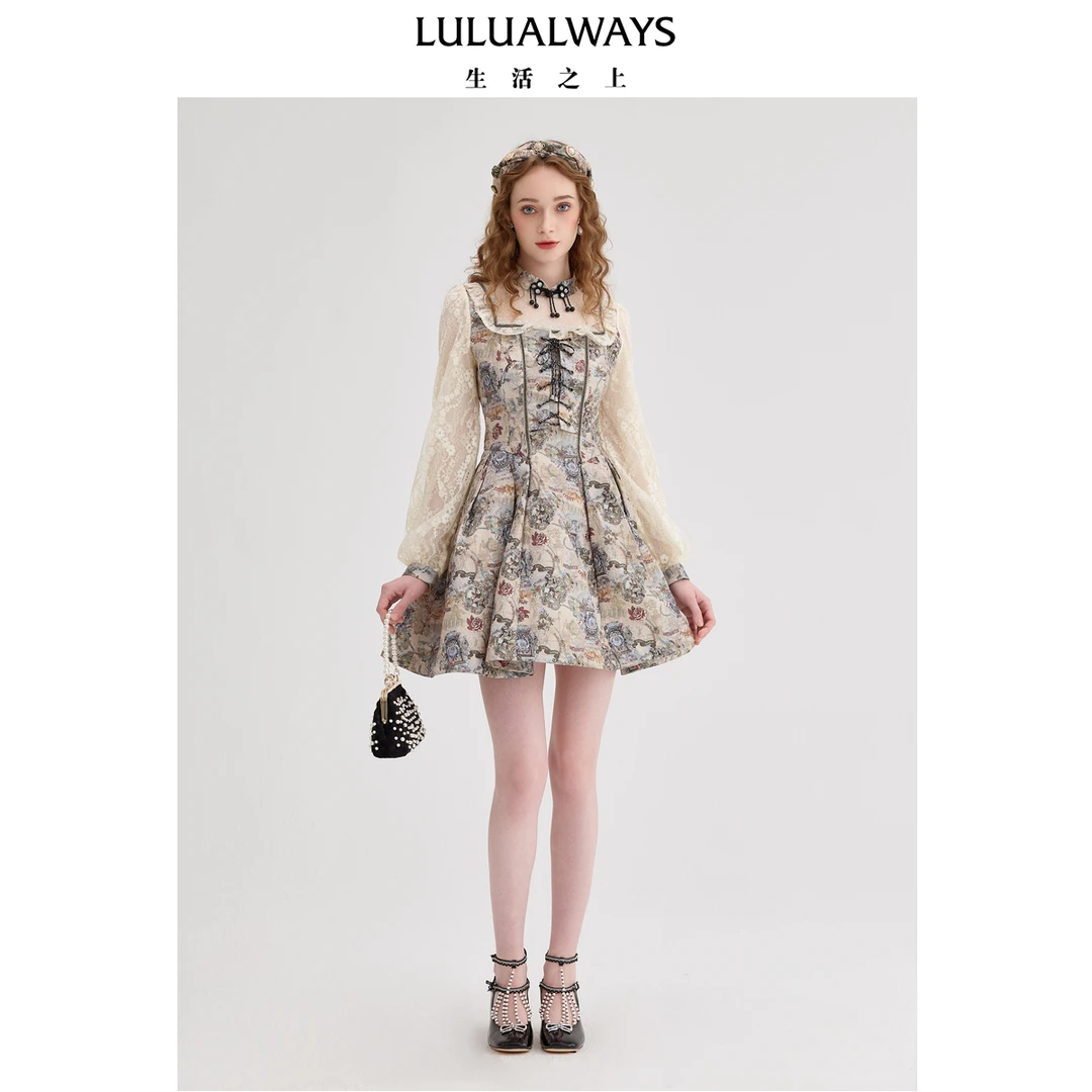 LULUALWAYS【商场同款】24秋季新款复古公主风高腰显瘦印花连衣裙