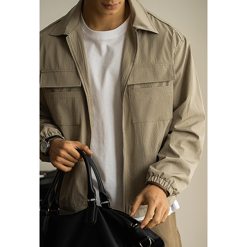 轻量化双拉链口袋翻领透气短款外套男2025春季新款休闲工装夹克衫