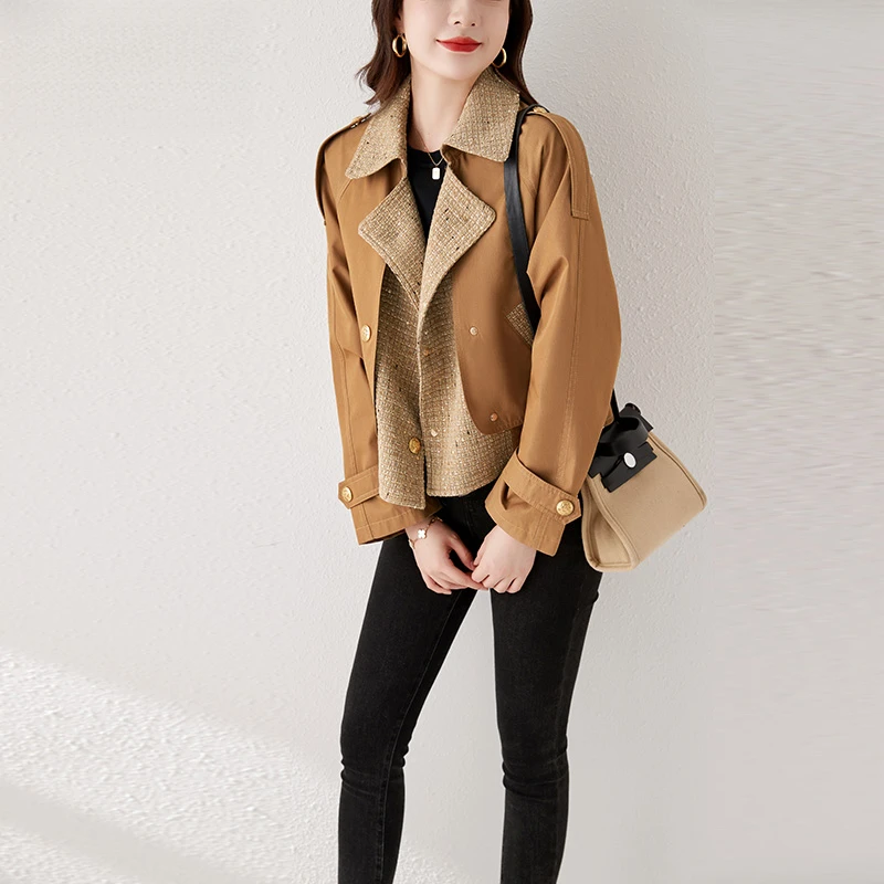 春秋外套女椰棕色风衣短款小个子新款时尚洋气卡其色拼接今年流行