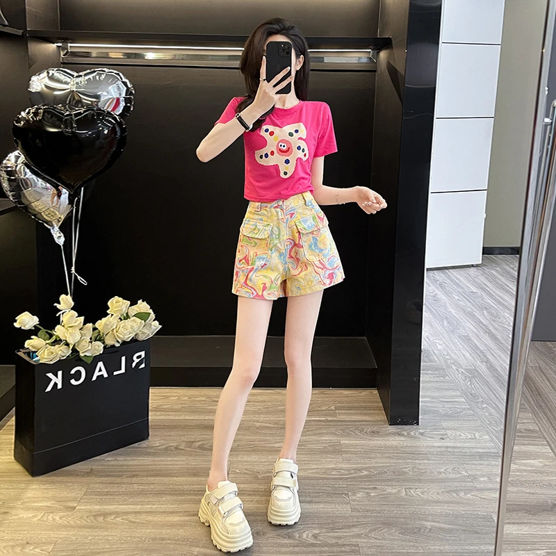 甜妹风休闲运动套装女夏季炸街减龄时尚短袖花色牛仔短裤两件套潮