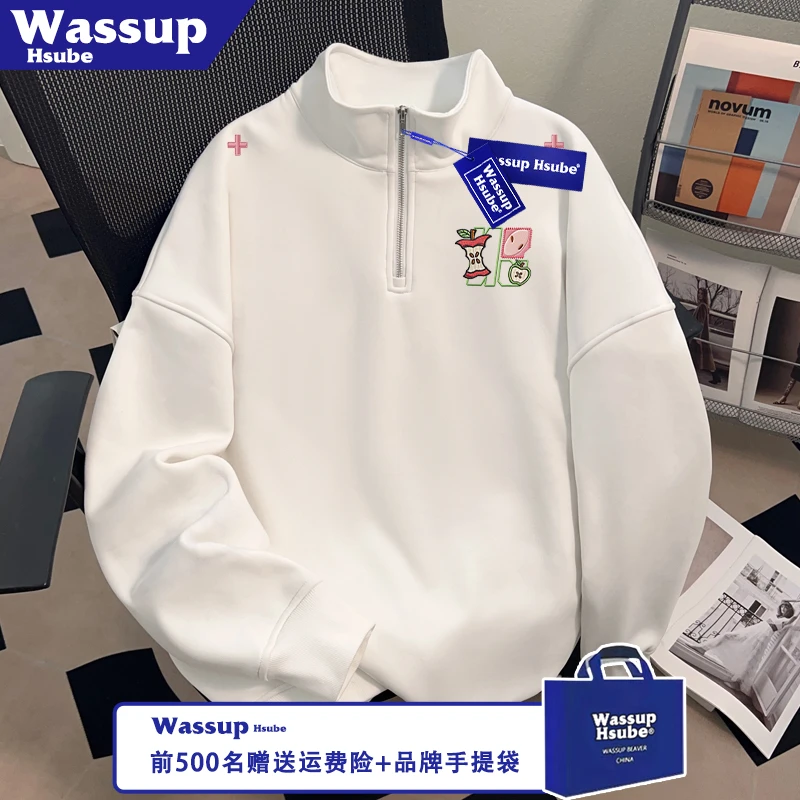 WASSUP新颖苹果字母印花开衫中性风男女新款上衣秋冬季半拉链卫衣
