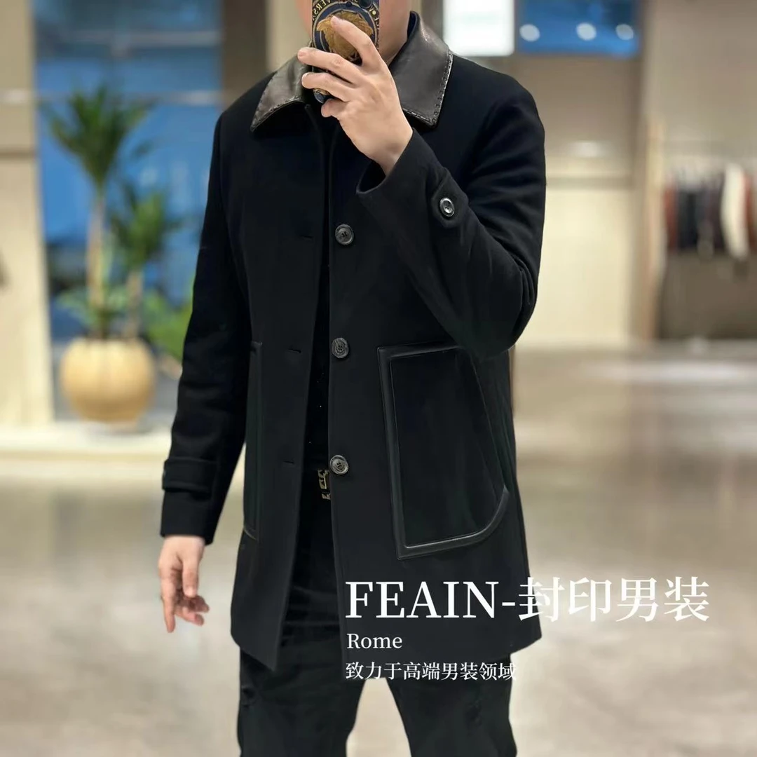 【真皮拼接】高端定制真皮拼接90羽绒羊毛大衣羽绒服5D317