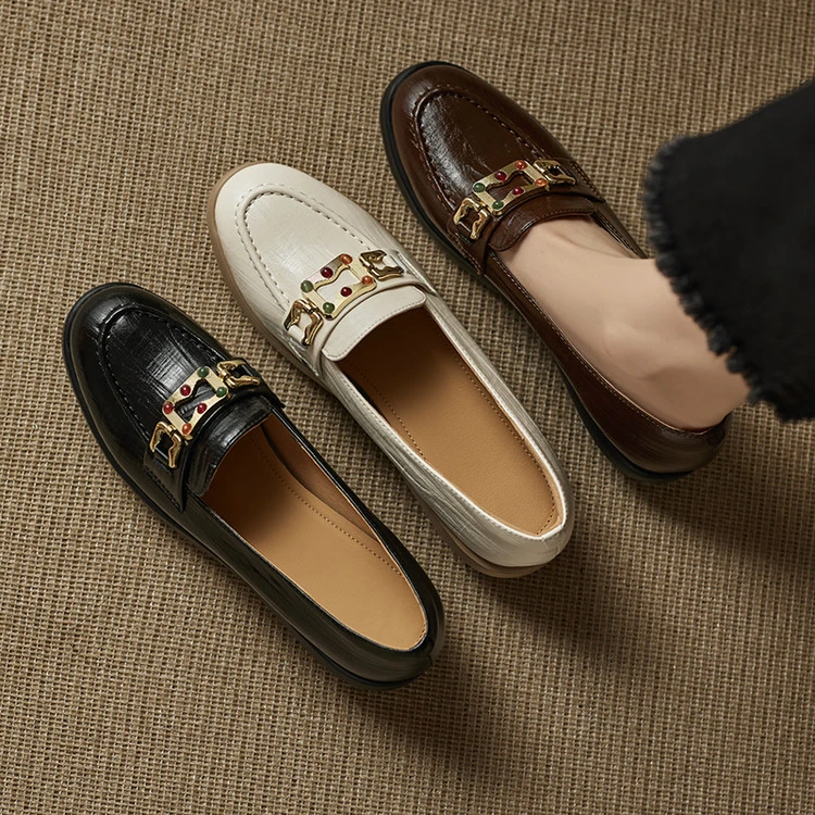 头层牛皮4.5cm～复古金属百搭时尚厚底中跟乐福鞋深口单鞋粗跟新款