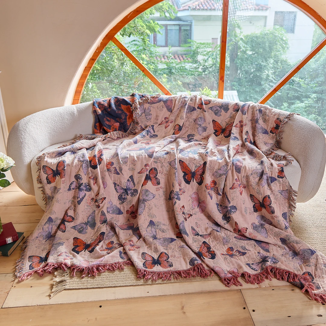 230*250【蝶羽粉】复古风亲肤透气双面可机洗多功能流苏纱布床盖