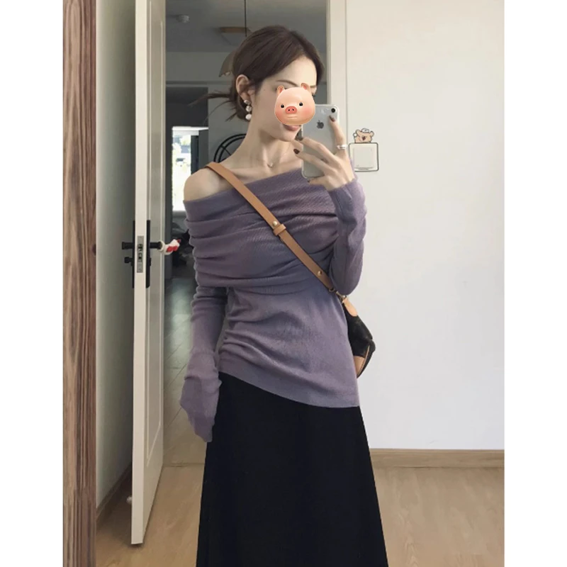 法式一字肩紫色长袖针织衫女早秋韩系氛围感穿搭修身露肩毛衣上衣