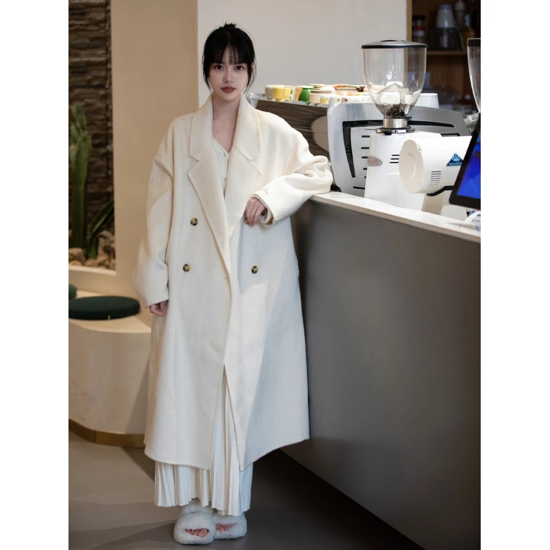 韩系休闲长毛双面羊绒大衣毛呢外套茧型慵懒风100%澳洲羊毛大衣