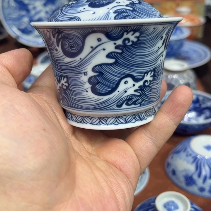摆件陶景德镇陶瓷青花仿元海浪纹盖碗