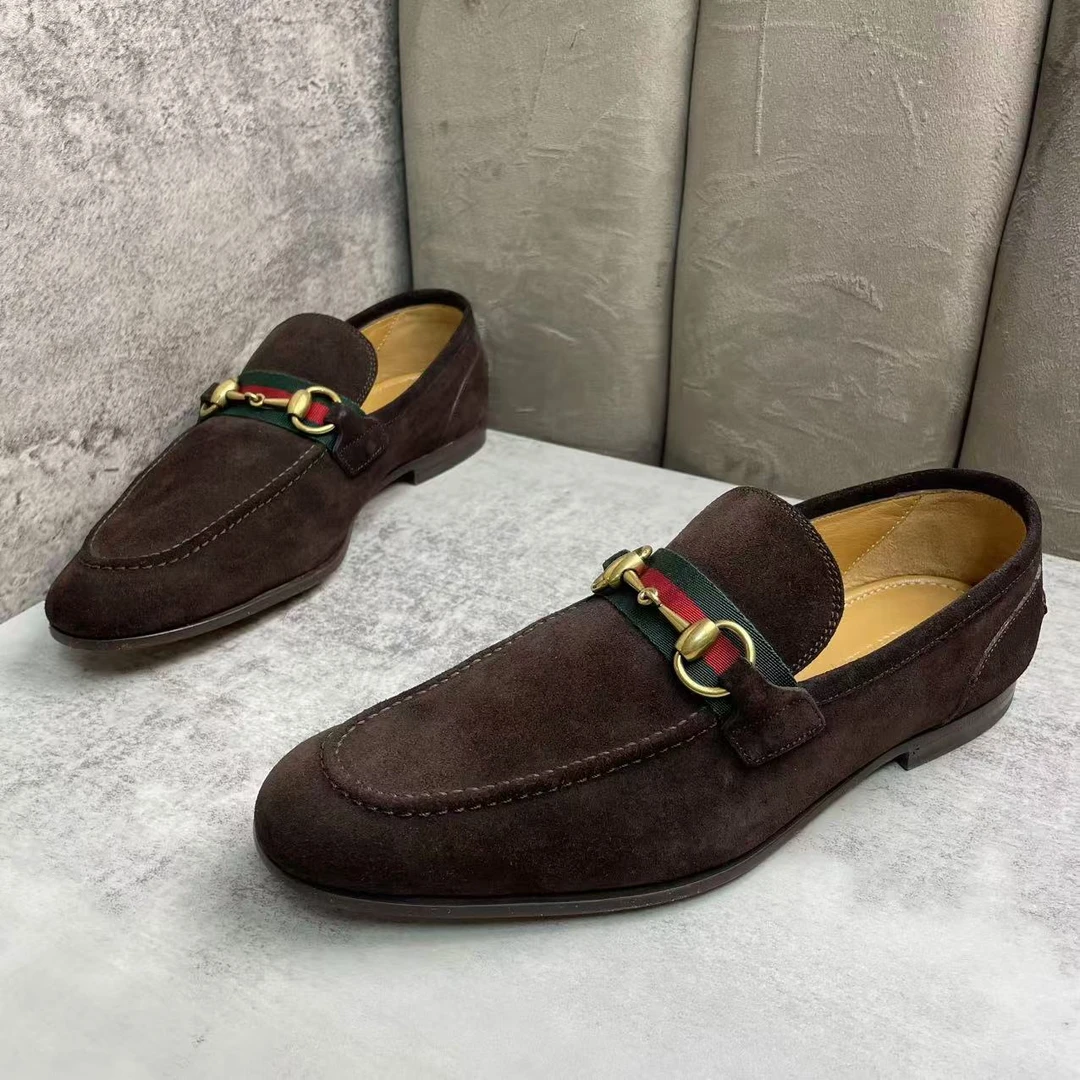 95新 GUCCI/古驰 棕色麂皮红绿织带金标休闲皮鞋/39.5码