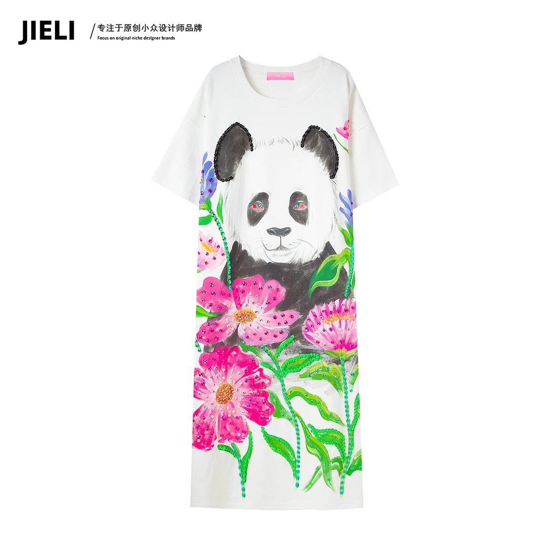 JIE LI/街力设计师高级感夏季中长款熊猫白色T裙女W1030