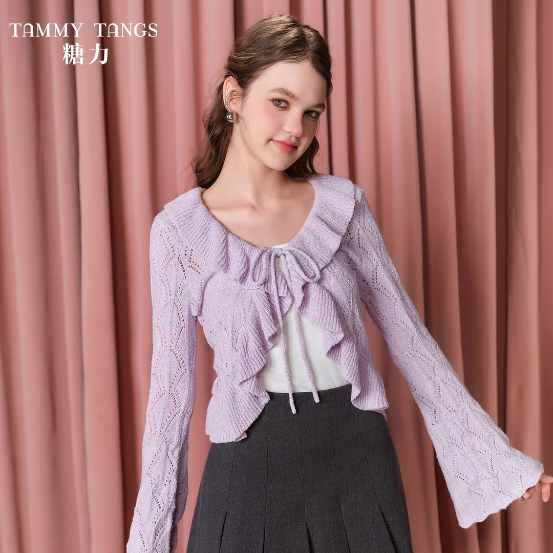 【老板娘夏天】糖力 浪漫闺房风 喇叭袖绑带荷叶边甜美针织衫开衫女