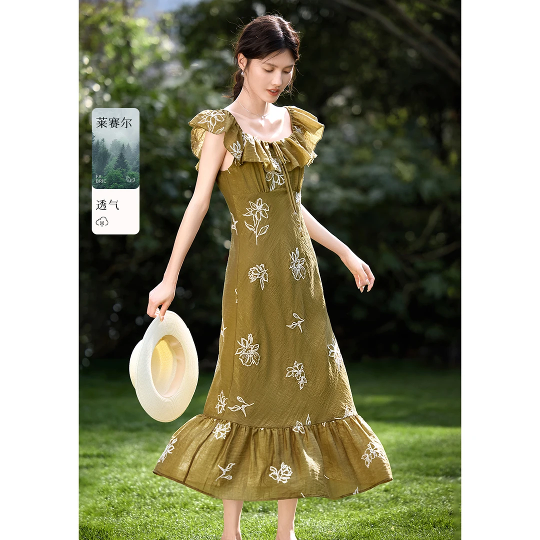 XWI/欣未法式优雅刺绣荷叶领连衣裙25夏女优雅琥珀绿连衣裙3B017