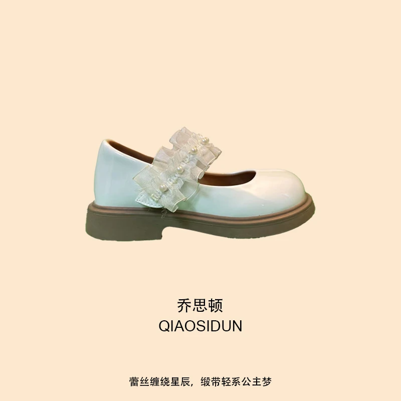 可爱少女风圆头女鞋 网纱珍珠装饰浅口小皮鞋公主皮鞋