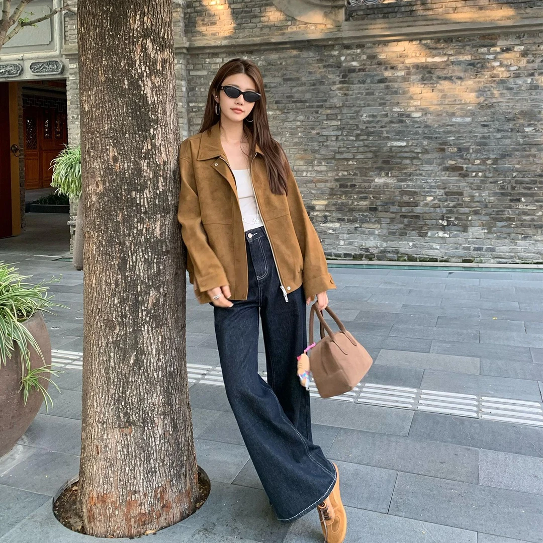美拉德麂皮绒外套2025秋季新款复古宽松设计感小众上衣女咖色夹克