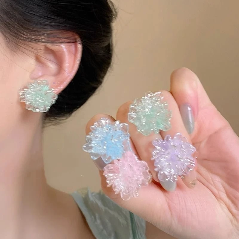 合金亚克力耳饰 彩色冰透花朵耳钉女甜美小清新耳环新款气质耳饰