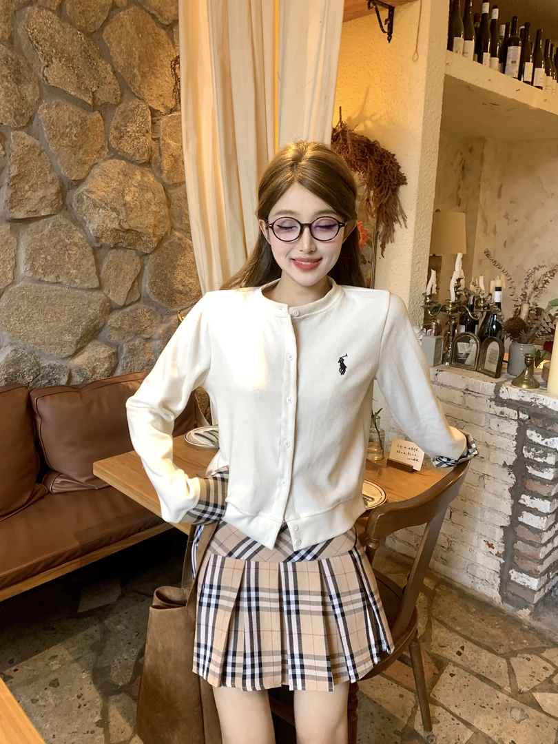 【私立学妹】拼接格子针织开衫春季新款洋气独特圆领毛衣套装-9001