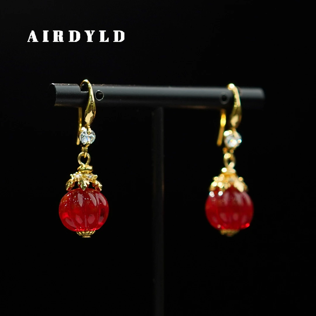 黄铜琉璃耳饰 【多福耳环】红色琉璃南瓜珠简约精致百搭耳环