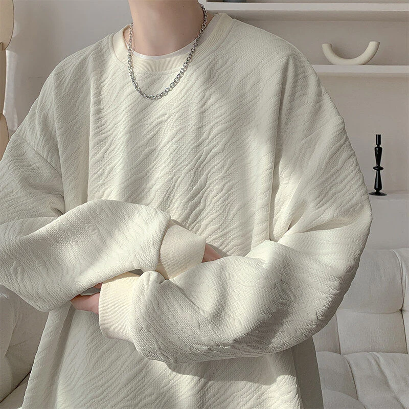 杏色肌理感纹理提花圆领卫衣男美式复古oversize潮牌重磅阔腿裤