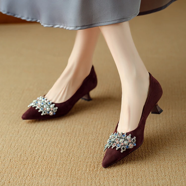 里外羊皮4cm～法式水钻高跟百搭舒适浅口气质时尚单鞋春夏细跟百搭