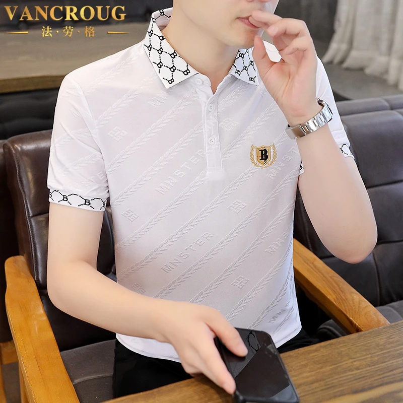 VANCROUG/法劳格polo衫男士夏季新款高端潮流提花冰丝翻领短袖T恤