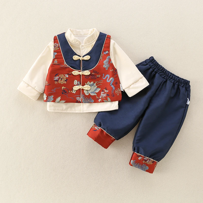 小月龄秋装抓周礼服国风0-2岁男女宝宝唐装三件套新中式开荤套装
