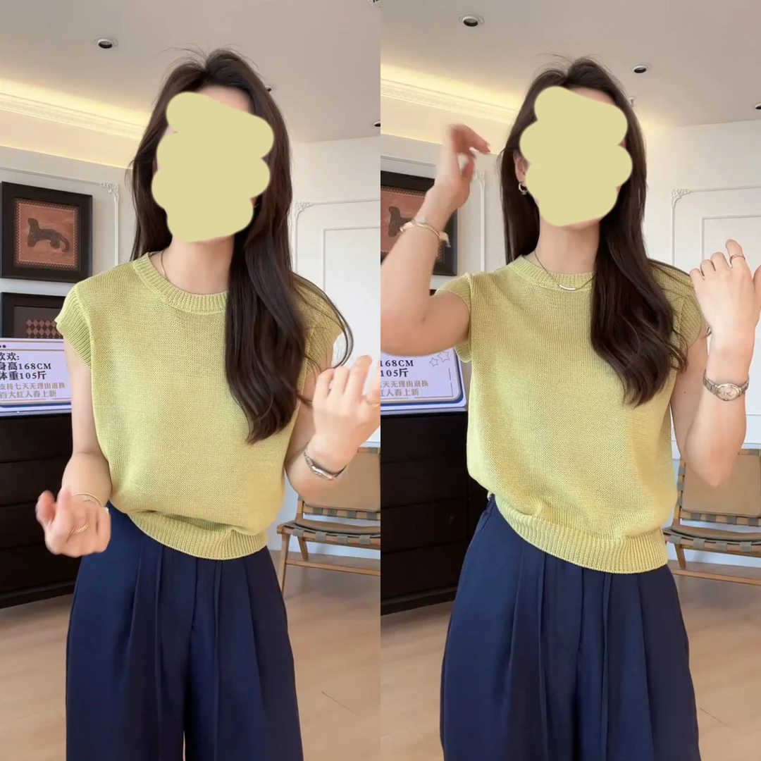 夏季休闲简约时尚百搭舒适针织衫女修身短袖多巴胺上衣无袖宽松