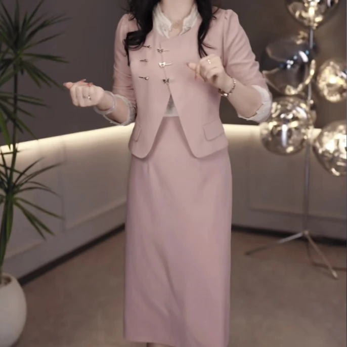 【外套+连衣裙】2025早秋新款清新优雅粉色时尚显瘦两件套裙