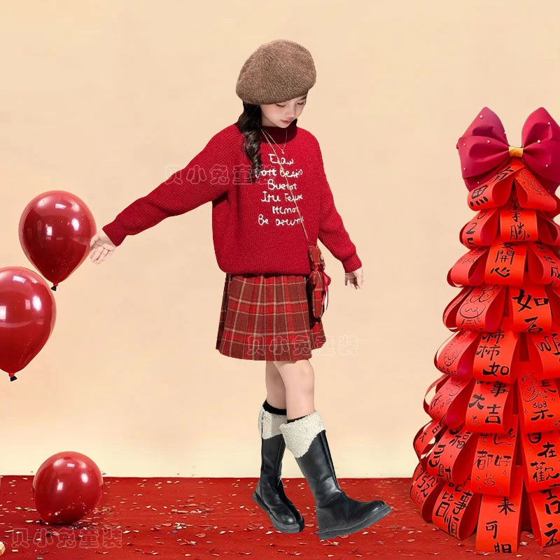 过年战衣2025新款女童喜庆拜年服韩版毛衣百褶裙秋冬季女孩两件套