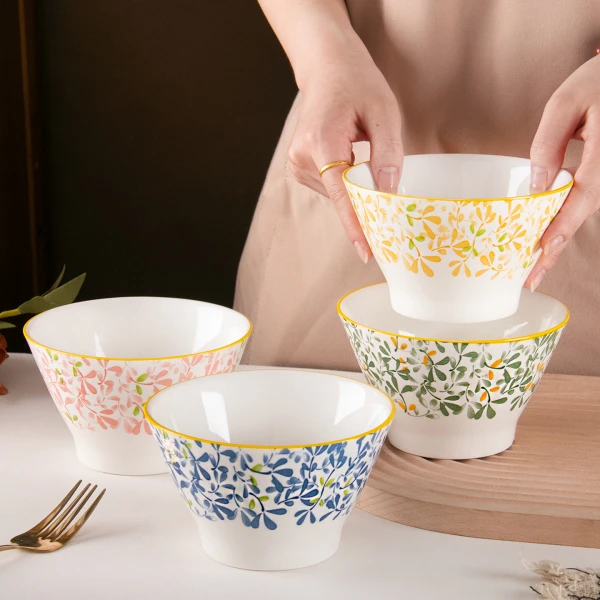 【4只装】家用陶瓷釉下彩饭碗四季繁花5英寸斗笠碗日式耐高温餐具