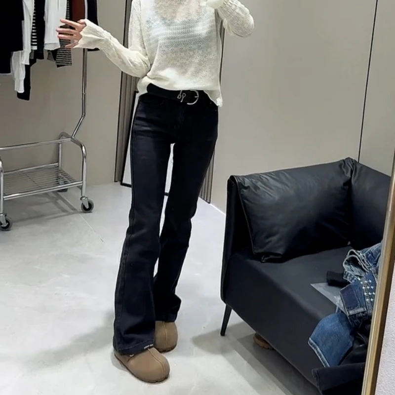 大码黑色窄版直筒裤女2025新款早秋款胖mm高腰显瘦修身牛仔长裤