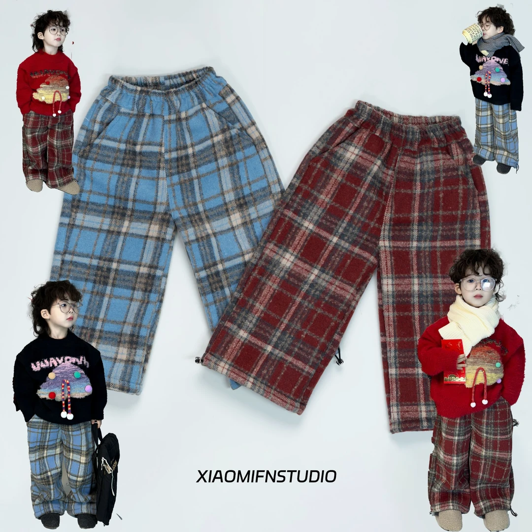 【现货】年款潮牌格子裤直筒卫裤韩版男童2024冬款时尚裤痞帅气S512