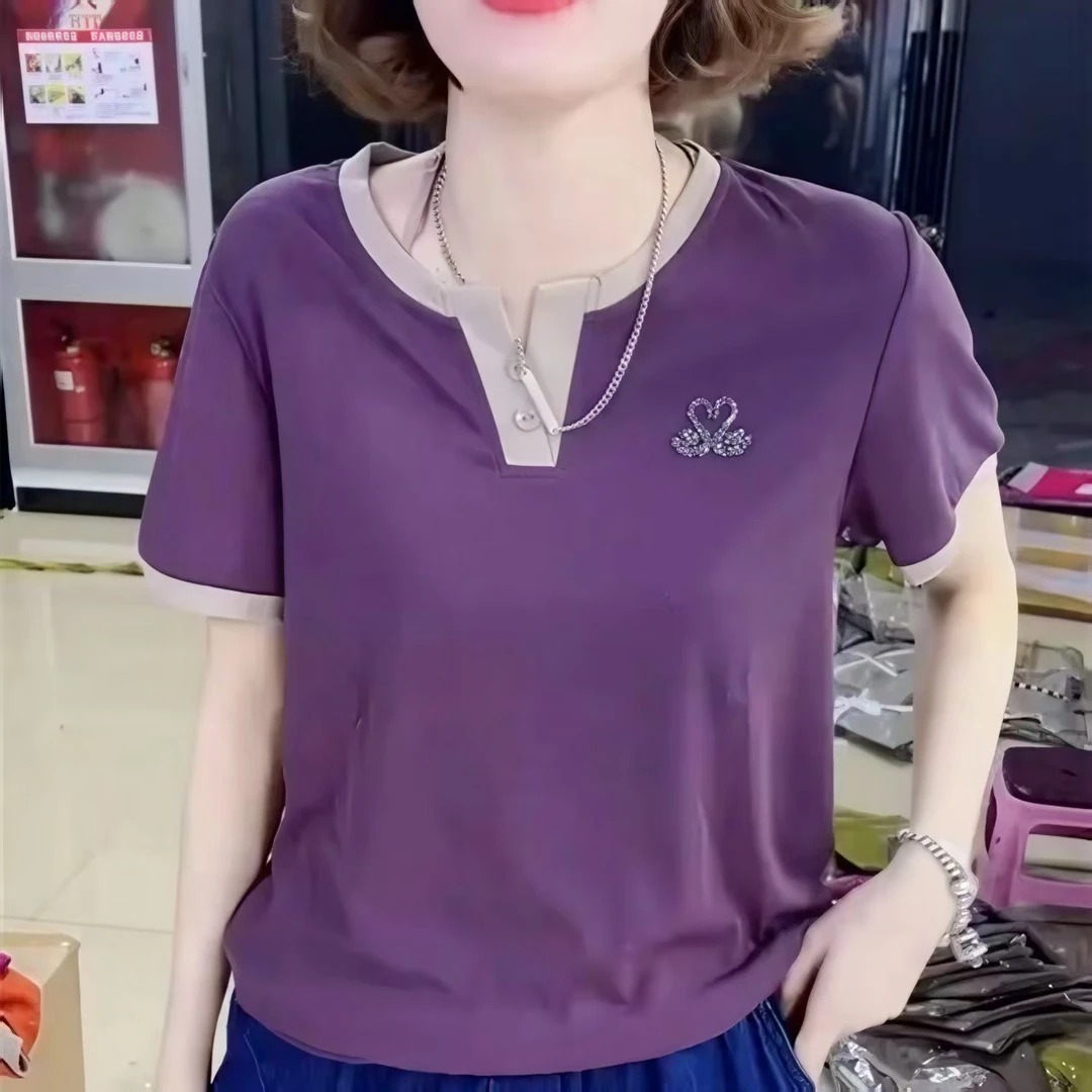 气质春夏季新款小天鹅t恤打底女装时尚2025拼色显瘦百搭洋气短袖