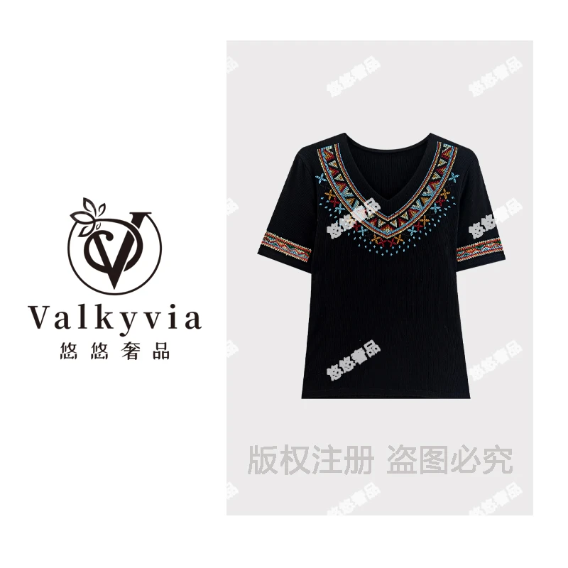 【Valkyvia/悠悠奢品】重工烫钻民族风休闲短袖T恤A9535