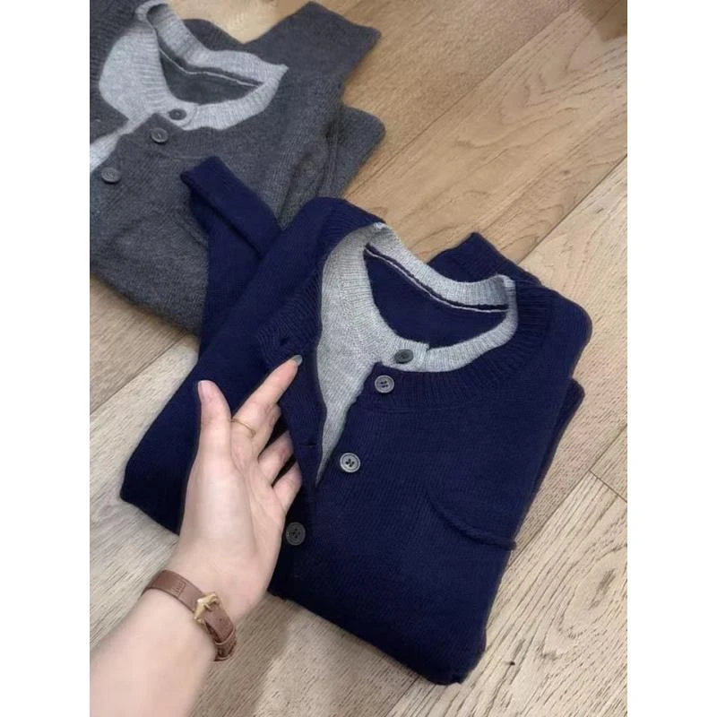 清货！口袋藏青假两件秋冬撞色毛衣女士开衫