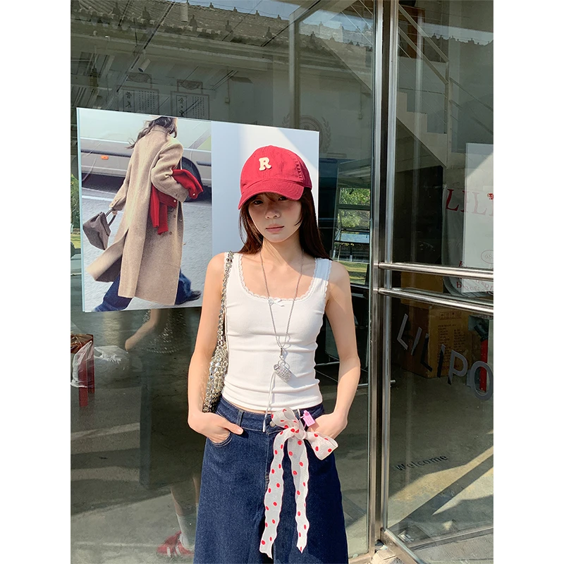 白色蝴蝶结设计感小吊带背心女蕾丝夏季外穿花边修身内搭短款上衣