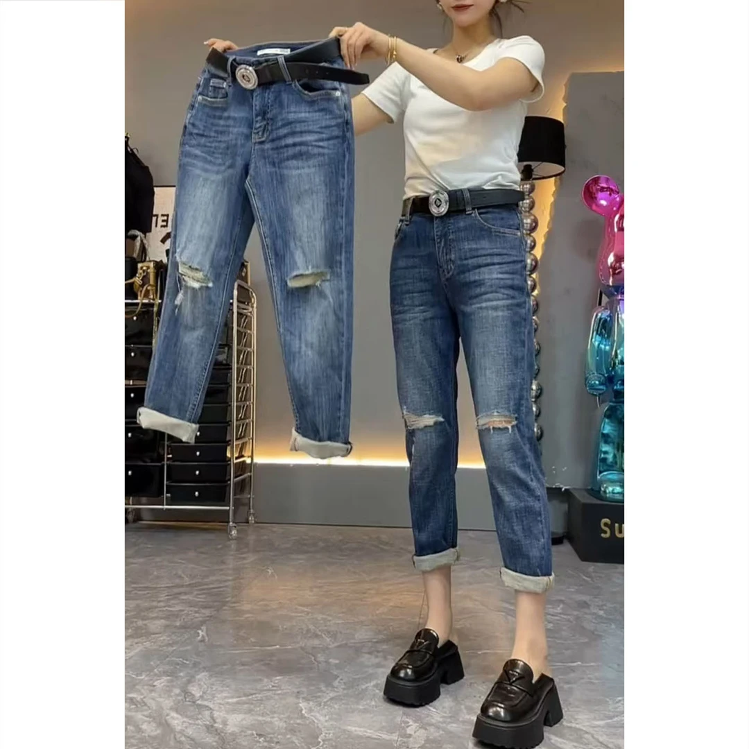 艾塔莉高腰烟管裤法式夏季破洞牛仔裤九分萝卜裤弹力裤子显瘦复古