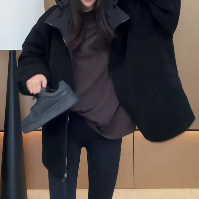 2025秋冬新款羊羔毛连帽中长款外套女简约慵懒韩版百搭颗粒绒卫衣