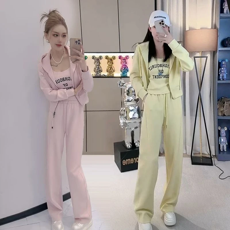 2025春秋新款韩系简约运动服套装女连帽开衫外套背心直筒裤三件套