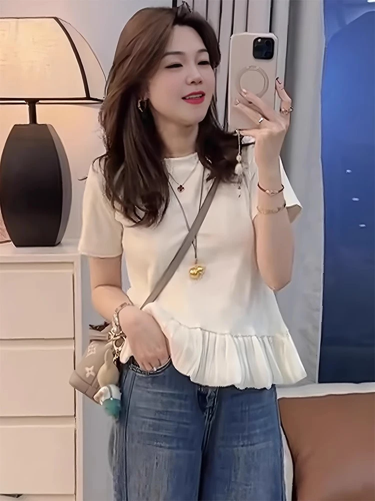 荷叶边褶皱设计感圆领减龄短袖T恤拼接气质吸湿排汗休闲百搭上衣