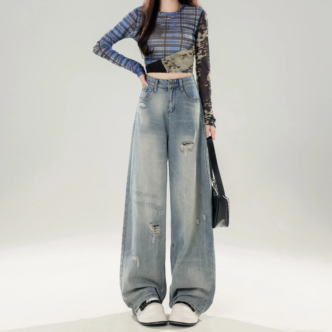 高个子加长美式复古破洞牛仔裤女2025春夏新款直筒拖地宽松阔腿裤