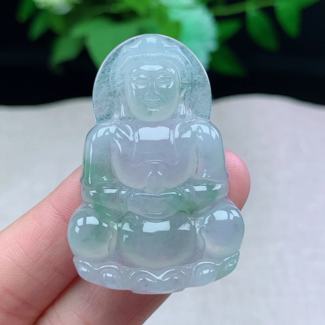 缅甸天然翡翠A货50-33.9-6.5玉石冰种飘花观音菩萨吊坠礼物冰透